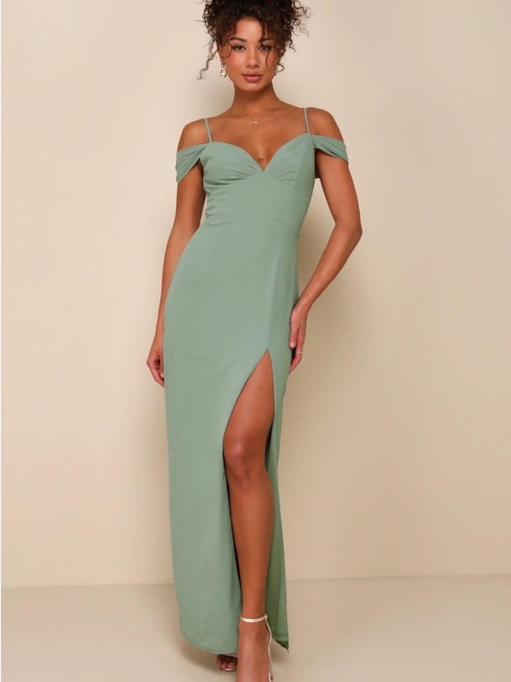 Lulus Lovely Enchantment Sage Brush Cold-Shoulder Column Maxi Dress